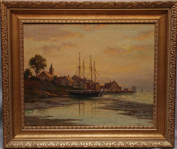 H. H. Howe (Alias) William Frederick Paskell (1866-: H. H. Howe (Alias) William Frederick Paskell (1866-1951) signed lower rt. H.H. Howe: American, Boston, Mass, oil on canvas "16 x 20" "New England Coastal Scene" Provenance; MCClees Galleries, Philadel