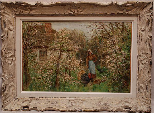 Henry Rollet (1881-1916) English, oil on canvas, la: Henry Rollet (1881-1916) English, oil on canvas, laid down on board, 12 1/2" x 18 1/2" signed, spring landscape with a turkey, etc