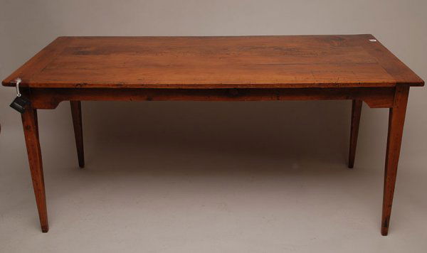 19th century primitive pine farm table beautifully: 19th century primitive pine farm table beautifully refinished with single drawer and hand beveled tapering legs, breadboard ends, 66"L x 32"d x