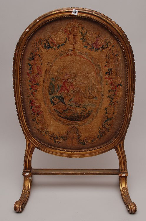 Giltwood oval frame fire screen with aubusson panel: Giltwood oval frame fire screen with aubusson panel