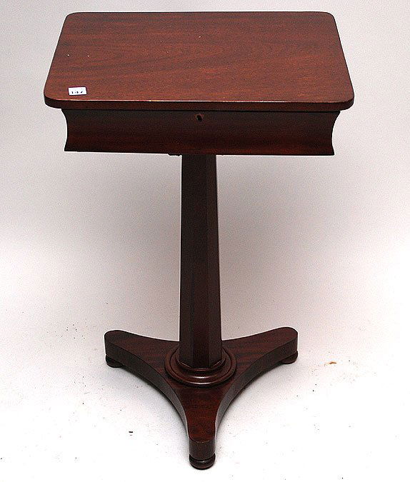 Mahogany William IV lift top work table on fluted: Mahogany William IV lift top work table on fluted center pedestal and trifed platform base, 29"h x 19" x 15"