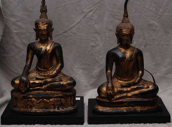 Pair of Antique Thai Gilt Metal Buddha Lamps, fig: Pair of Antique Thai Gilt Metal Buddha Lamps, figures are 16" - 16.5", Base 11"W x 8" D, Lamp height with shade: 28" H