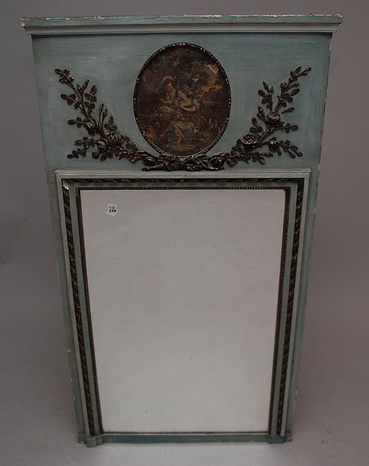 Trumeau style mirror, hand colored 19th century pr: Trumeau style mirror, hand colored 19th century print in oval cartouche