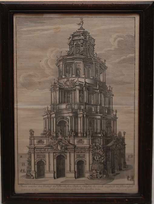 Paulus Decker Etching, Architectual Karl Mann NY-: Paulus Decker Etching, Architectual Karl Mann NY- label on verso, 22" x 13"