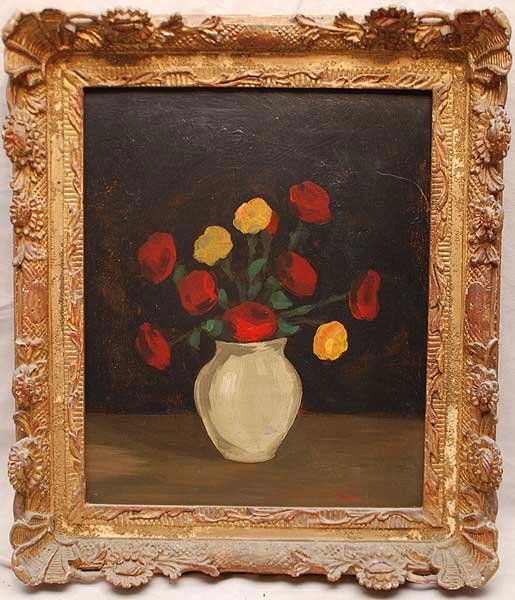 Signed Duraco Antique oil on board, still life, Ka: Signed Duraco Antique oil on board, still life, Karl Mann NY label on verso, in carved wood gallery frame, 15" x 18"