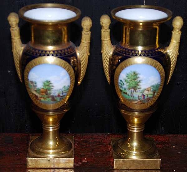 Pr. Sevres French hand painted cobalt & gilt bron: Pr. Sevres? French hand painted cobalt & gilt handles w/ head, 10" tall, hand painted scenes , cannot see any marking screwed together at bottom