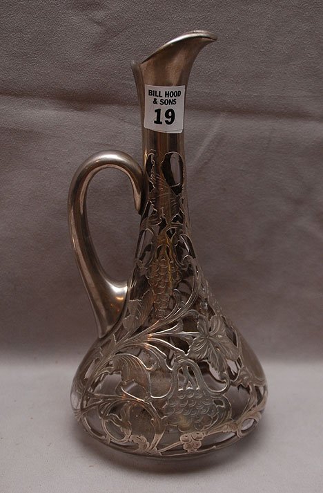 Silver overlay ewer, glass cracked in small section: Silver overlay ewer, glass cracked in small section, 10"h