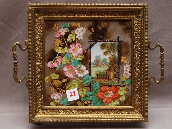 Bronze footed tray with handpainted multi color ins