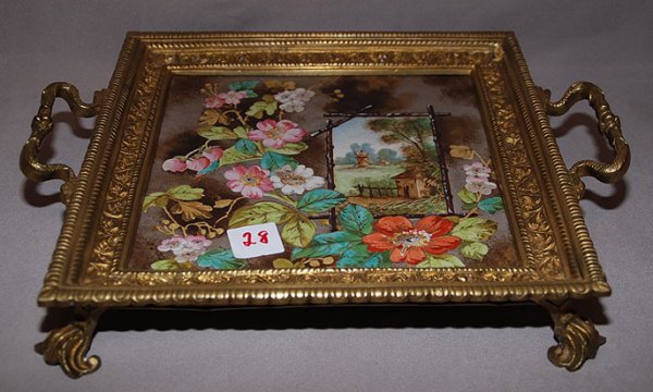 Bronze footed tray with handpainted multi color ins - 2