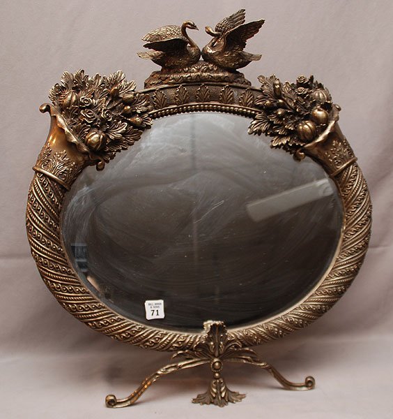 Large bronze beveled glass mirror with swans & flor