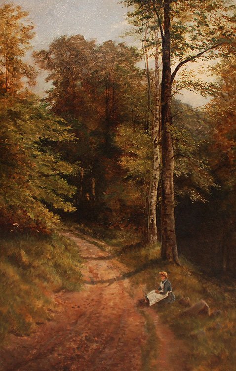 ADAM KNIGHT, British 19th Century fl 1881-1931, "Y: ADAM KNIGHT, British 19th Century fl 1881-1931, "Young Girl Seated By A Woodland Path", oil on canvas, 38" x 26", signed and dated 1885 lower right. Framed