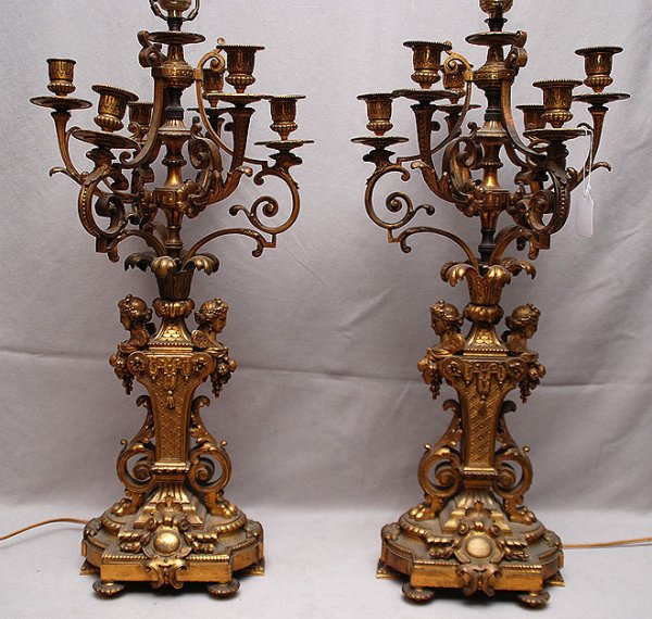 Pair of 7 branch bronze candelabra with female bus: Pair of 7 branch bronze candelabra with female bust supports, electrified, 25"h