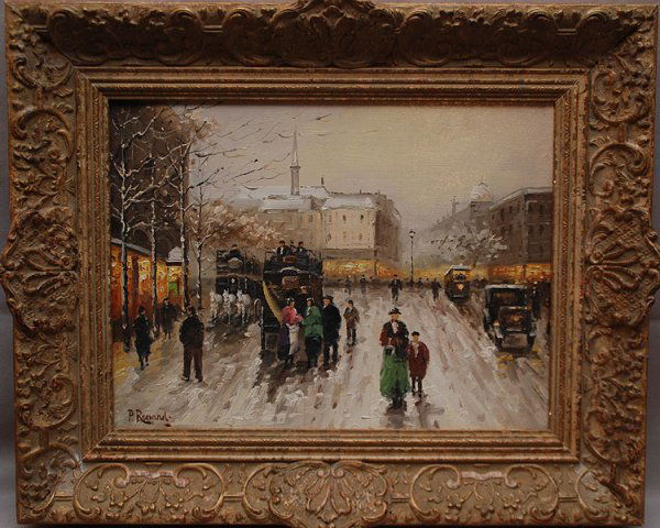 Paul Renard (French 20th Century) oil on canvas, ": Paul Renard (French 20th Century) oil on canvas, "French Winter Street Scene" 12" x 16"