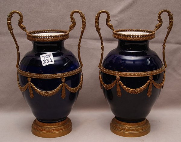 Pair double handled vases, cobalt porcelain with