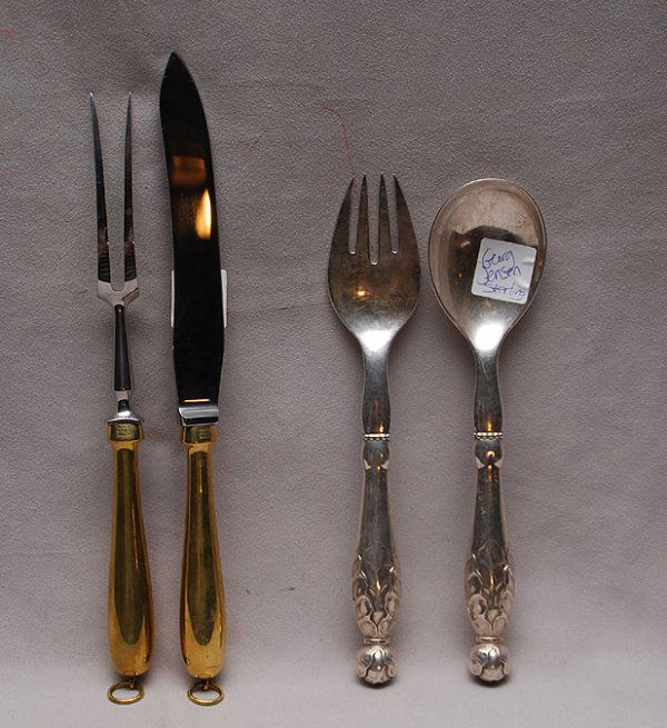 2 Georg Jensen sets: 2pc Georg Jensen sterling ha: 2 Georg Jensen sets: 2pc Georg Jensen sterling handled salad set, each pc 10"L and 2 piece silver plated carving set