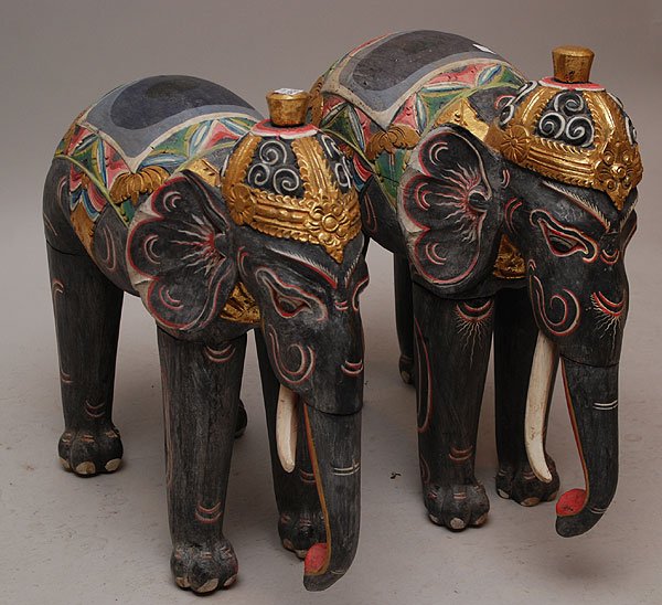 Pair older multi-colored elephants, 28"L x 25"h: Pair older multi-colored elephants, 28"L x 25"h