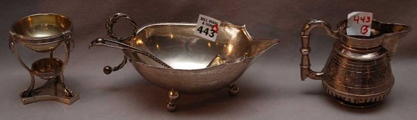 Lot of 3 silver items; 3 1/2"h, footed candy dish : Lot of 3 silver items; 3 1/2"h, footed candy dish with spoon, 7"L x 3 1/2"h, 4 1/4"h