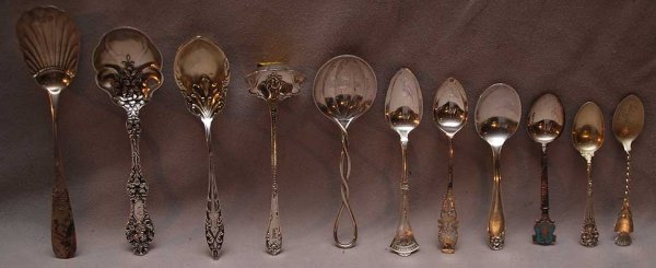 11 spoons incl; J. Wm Benson, Towle "Georgia, S. K: 11 spoons incl; J. Wm Benson, Towle "Georgia, S. Kirk "Mayflower", Abraham Peterson, London 1790, Joseph II & Albert Savoy, P.H. Stein Co