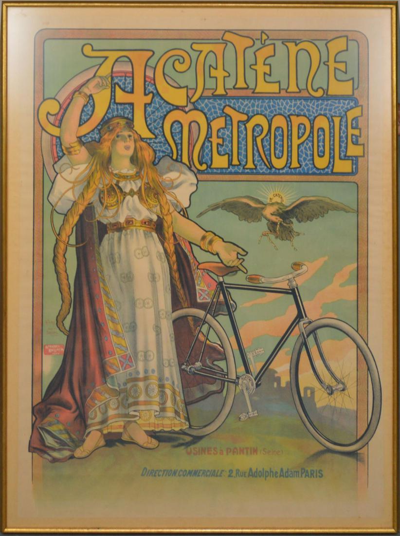 Acatene Metropole Vintage French Bicycle Poster by: Acatene Metropole Vintage French Bicycle Poster by Charles Tichon -overall framed sizes is 62-1/2 x 47 inches. the piece itself is very close to all the edges so the size would be just slightly smalle