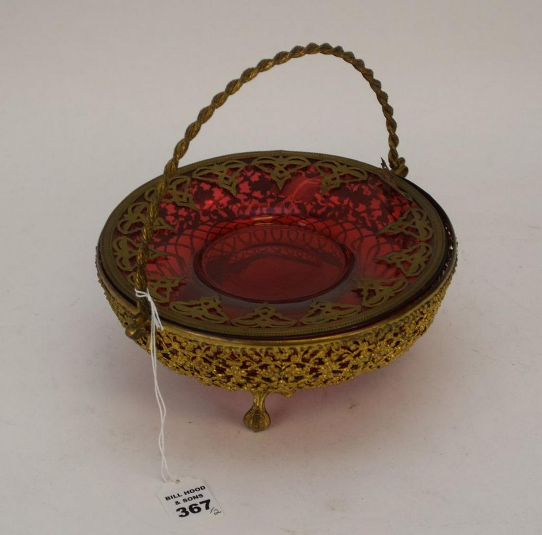 ANTIQUE CRANBERRY GLASS & GILT METAL BASKET & DISH - (1 of 8)