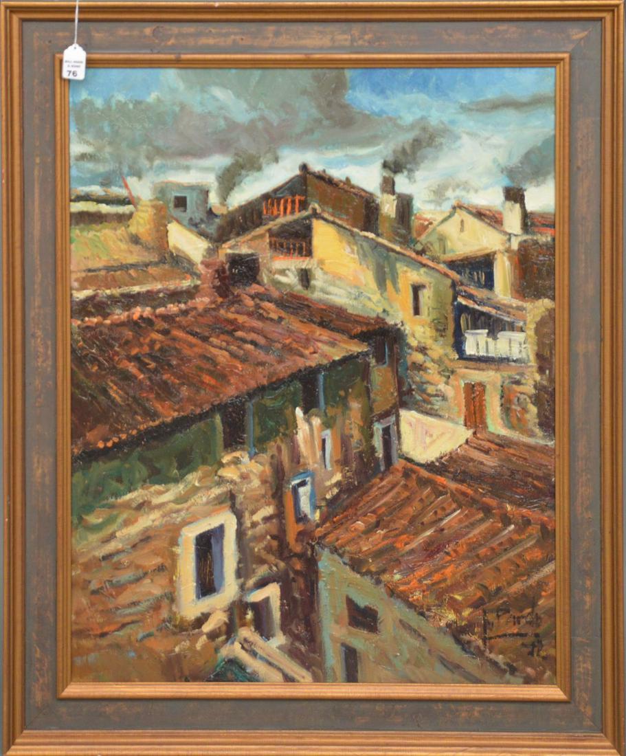 20th Century Oil on canvas - Aerial view of rooftops. (1 of 6)