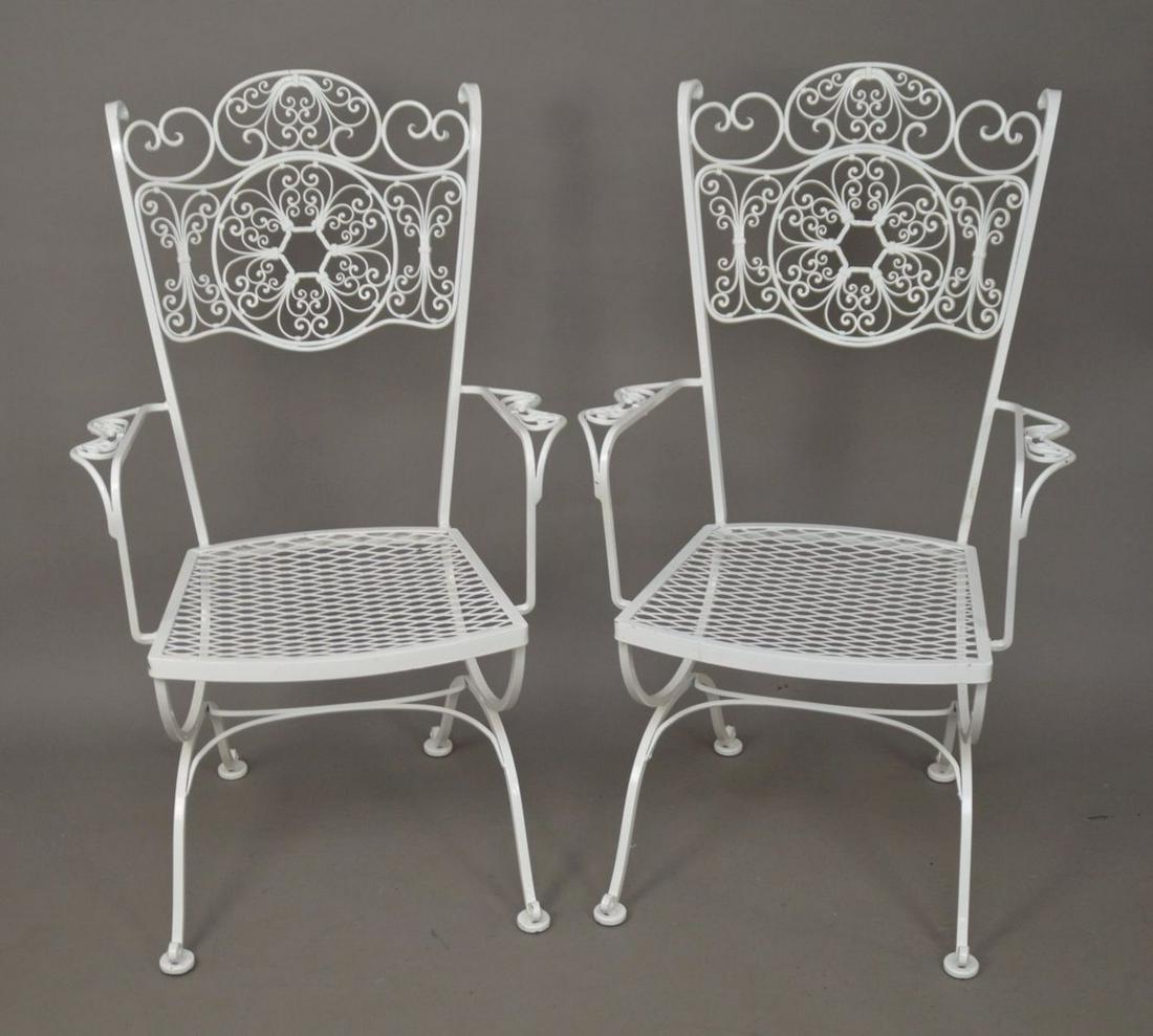 Pair White Metal Garden Chairs, Scrolling Motif, 39"h X