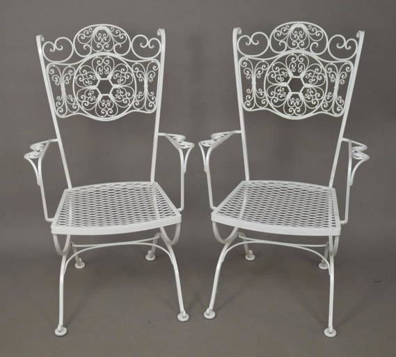 Pair White Metal Garden Chairs, Scrolling Motif, 39"h X