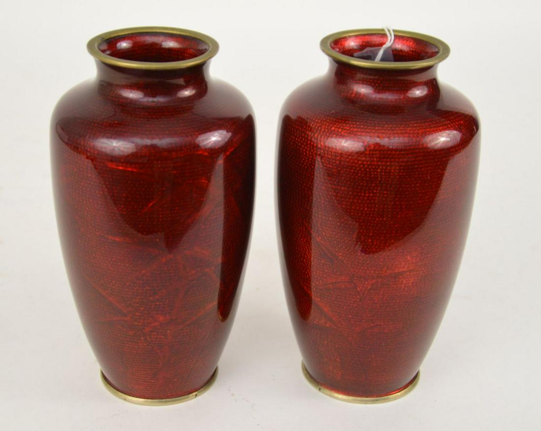 PAIR OF JAPANESE RED CLOISONNE BASSE-TAILLE VASES - (1 of 5)