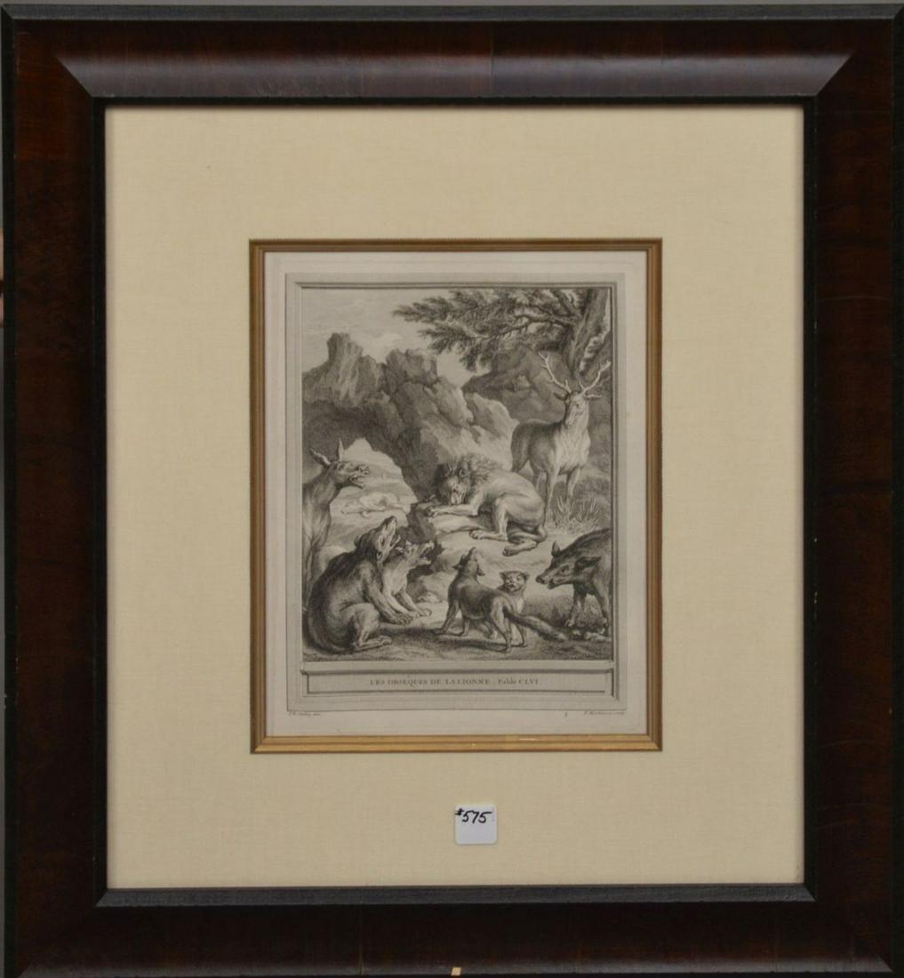 Antique Engraving "Les Obseques de la Lionne, Fable: Antique Engraving "Les Obseques de la Lionne, Fable CLVI" - Oudry, Jean Baptiste (1686-1755) Copper engraving on paper. Engraving P. Martenasie sculpt. It belongs to the work of La Fontaine, Fables ch