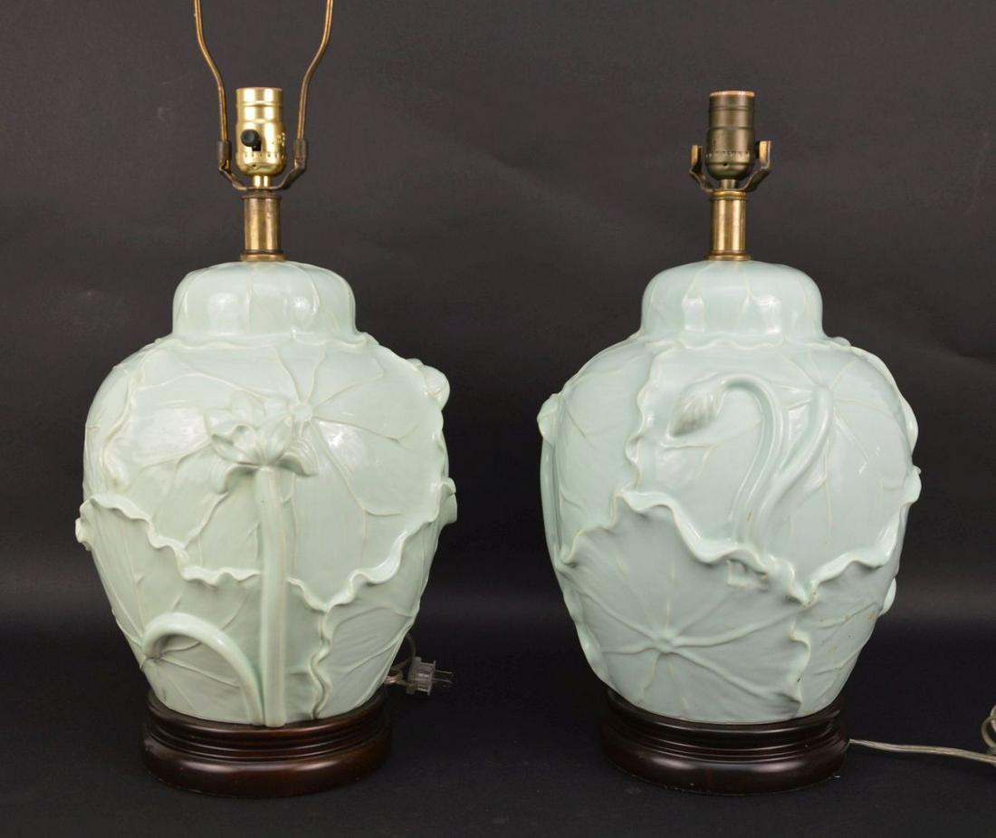 Pair Frederick Cooper Porcelain Lamps with Lily Pad: Pair Frederick Cooper Porcelain Lamps with Lily Pad Motif, Light celadon green glaze, 28 1/2"h x 15"w Condition: No damage identified.