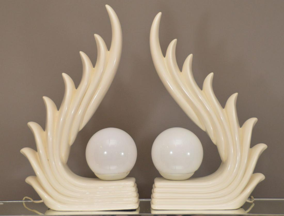 Pair White Ceramic Art Deco Style Wave Table Lamps, 26" (1 of 4)