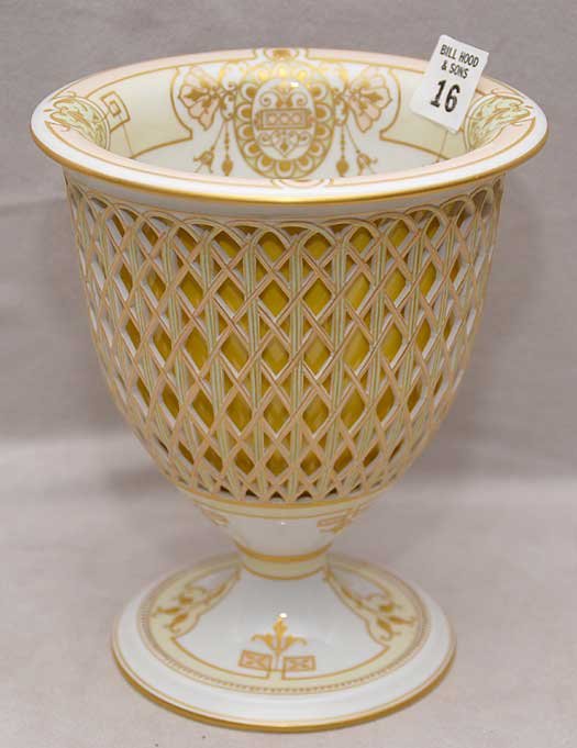 KPM reticulated compote with fitted interior bowl,: KPM reticulated compote with fitted interior bowl, 7 1/8"h x 6"dia