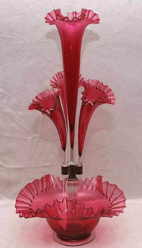 Cranberry epergne with 4 flower holders, 20"h: Cranberry epergne with 4 flower holders, 20"h