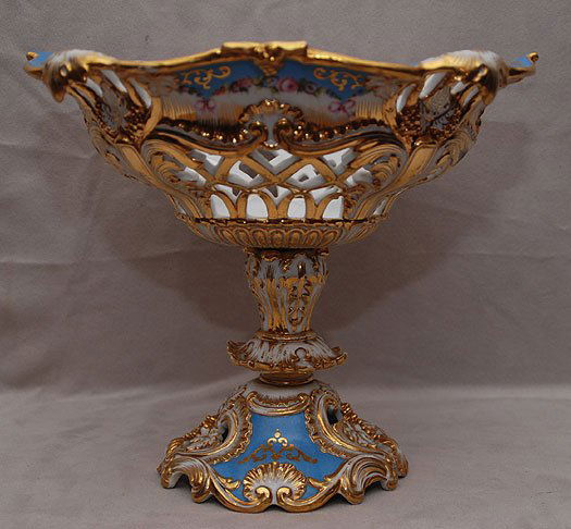 19th century French Jacob petit reticulated porcela: 19th century French Jacob petit reticulated porcelain fruit stand, 10"h x 11 3/4"dia