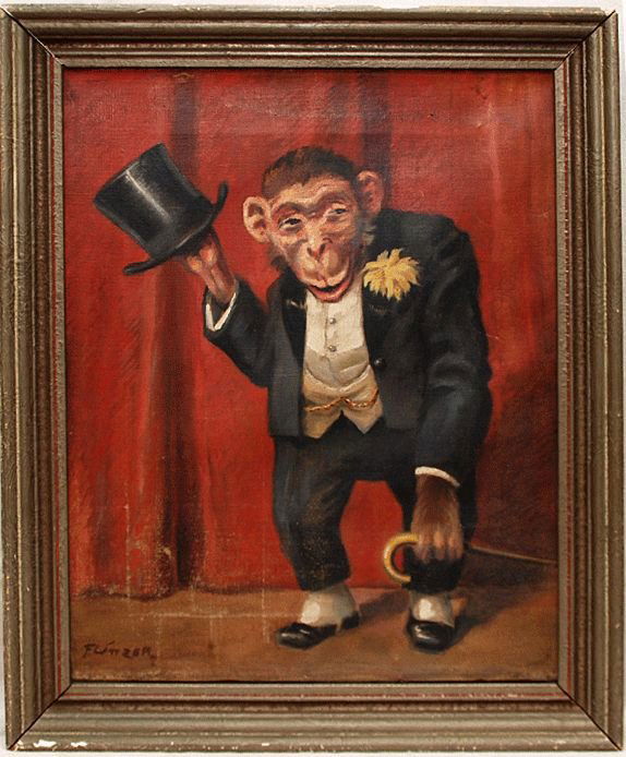 Oil on canvas of Monkey in Tuxedo, signed Flinzer: Oil on canvas of Monkey in Tuxedo, signed Flinzer 17-1/2" x 14-1/4"