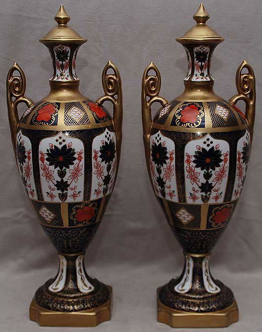 Royal Crown Derby "Old Imari" pattern, 18 1/2"h ur: Royal Crown Derby "Old Imari" pattern, 18 1/2"h urns