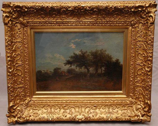 Early 19th Century Dutch School, oil on canvas: Early 19th Century Dutch School, oil on canvas, Landscape, signed illegible, in antique gilt frame, 9-1/2" x 14"