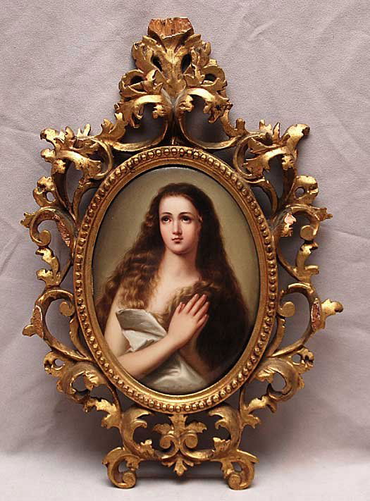 KPM plaque of beautiful woman in carved wood frame,: KPM plaque of beautiful woman in carved wood frame, plaque is 9"h x 7"L