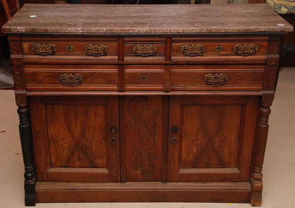 Marble top server with 3 side by side drawers over: Marble top server with 3 side by side drawers over single long drawer over 2 cabinet doors, 37"h x 50"L x 20"d