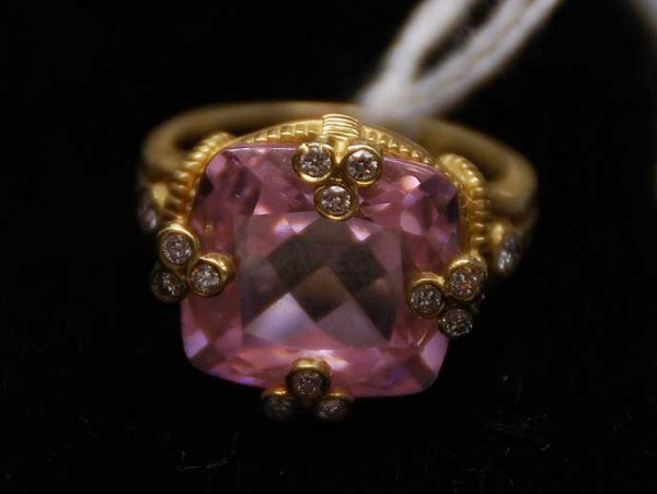 Judith Ripka pink crystal ring, 18kt yell: Judith Ripka signed ring, pink crystal, 18kt yellow setting