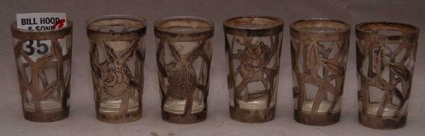 6 silver overlay shot glasses, 1 7/8"h: 6 silver overlay shot glasses, 1 7/8"h