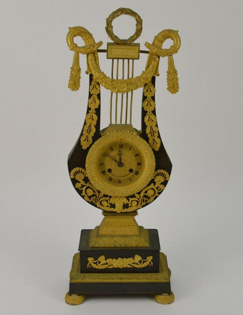 Antique Bronze French Empire Harp Clock - Patinated and (1 of 8)