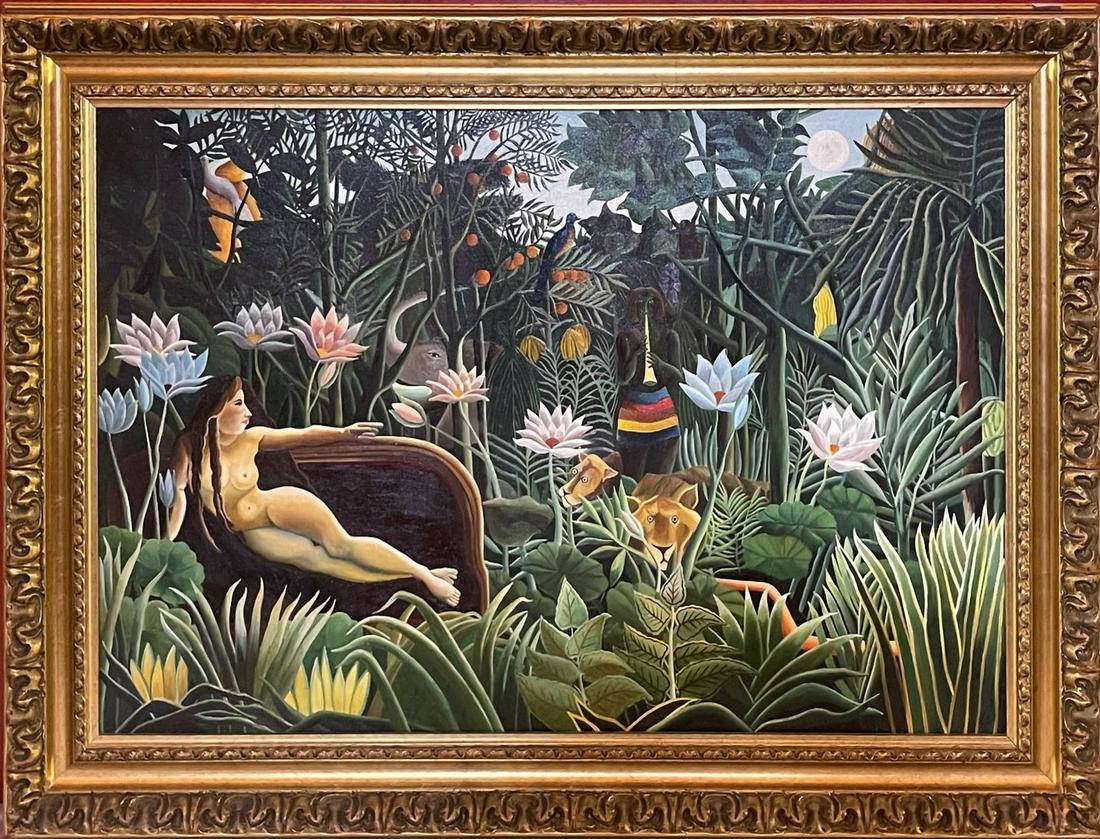 Reproduction Oil on Canvas Jungle Scene 21 1/2 x 32: Reproduction Oil on Canvas Jungle Scene 21 1/2 x 32 inches