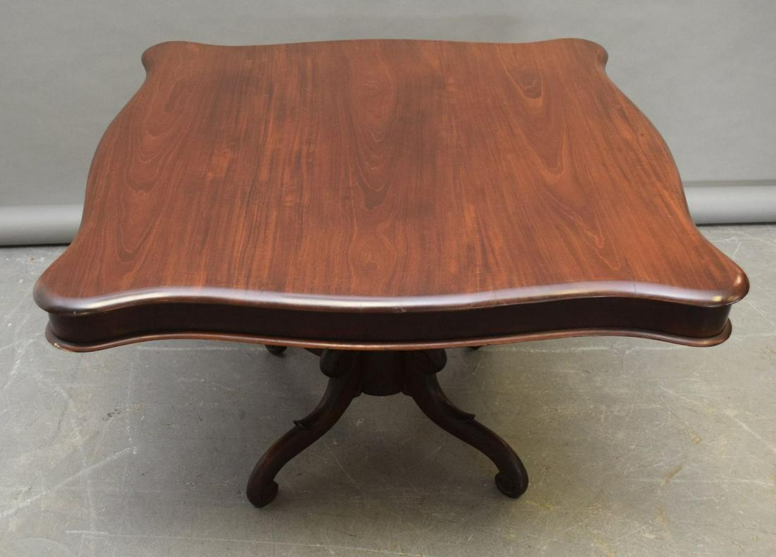 Mahogany & Walnut Shaped Center Table on Turned: Mahogany & Walnut Shaped Center Table on Turned Pedestal with 4 Downswept Legs, 27"h x 38"w