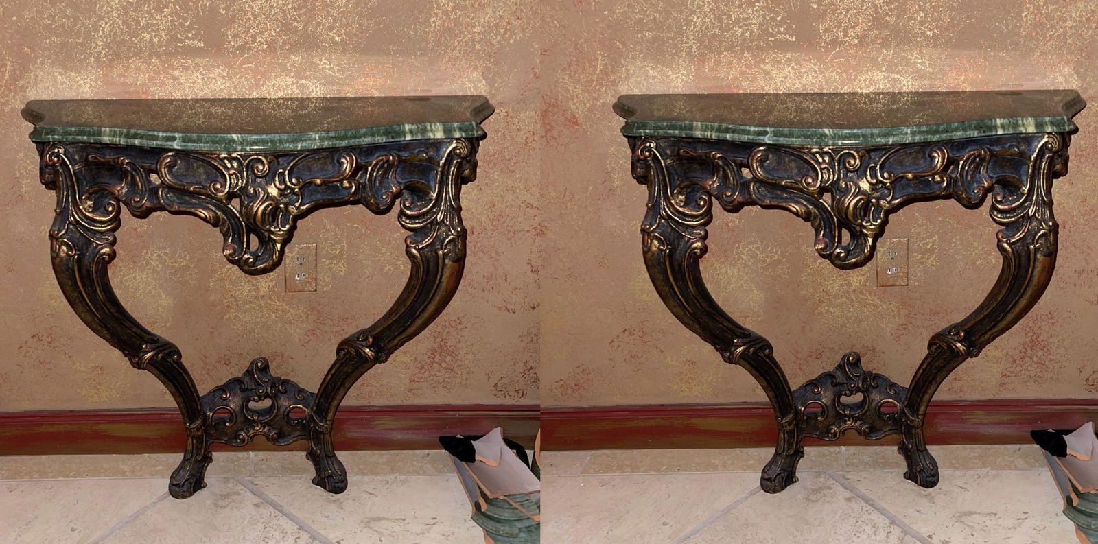 Pair Italian Consoles with green marble tops, Gilding (1 of 6)