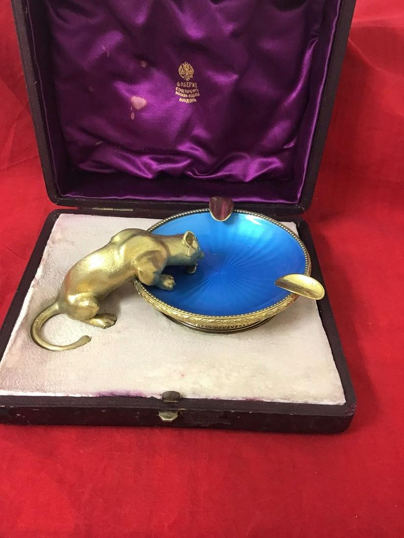Russian Antique Silver Enamel Ashtray with panther.: Russian Antique Silver Enamel Ashtray with panther. Stamped 84 and Makers Marks. Weight 14.6 oz. L -5.5 inches. 3.5 inches in Diameter.