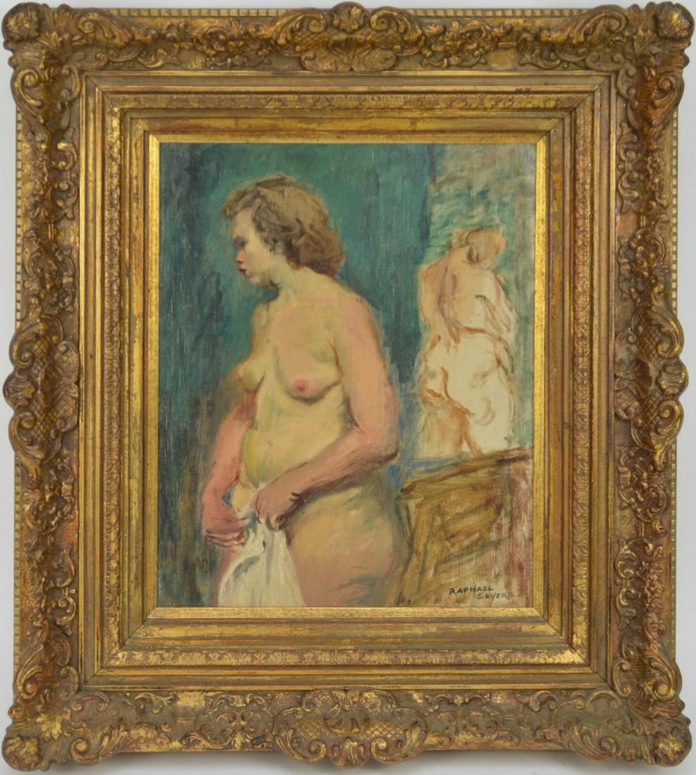 Raphael Soyer (AMERICAN, 1899–1987) oil on artist: Raphael Soyer (AMERICAN, 1899–1987) oil on artist board, Standing Nude, painting size 15 x 12 inches overall framed size 24 x 20 inches