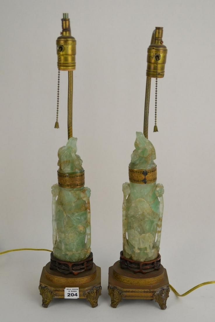 Pair Chinese Jadeite Urns Mounted As Lamps, 9 1/2"h,: Pair Chinese Jadeite Urns Mounted As Lamps, 9 1/2"h, overall 22"h to finial