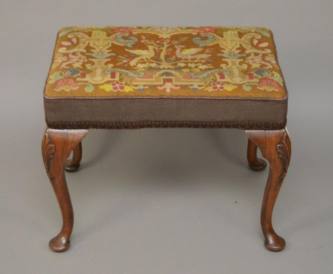 English Queen Anne Mahogany & Needlepoint Bench, 19"h x (1 of 4)