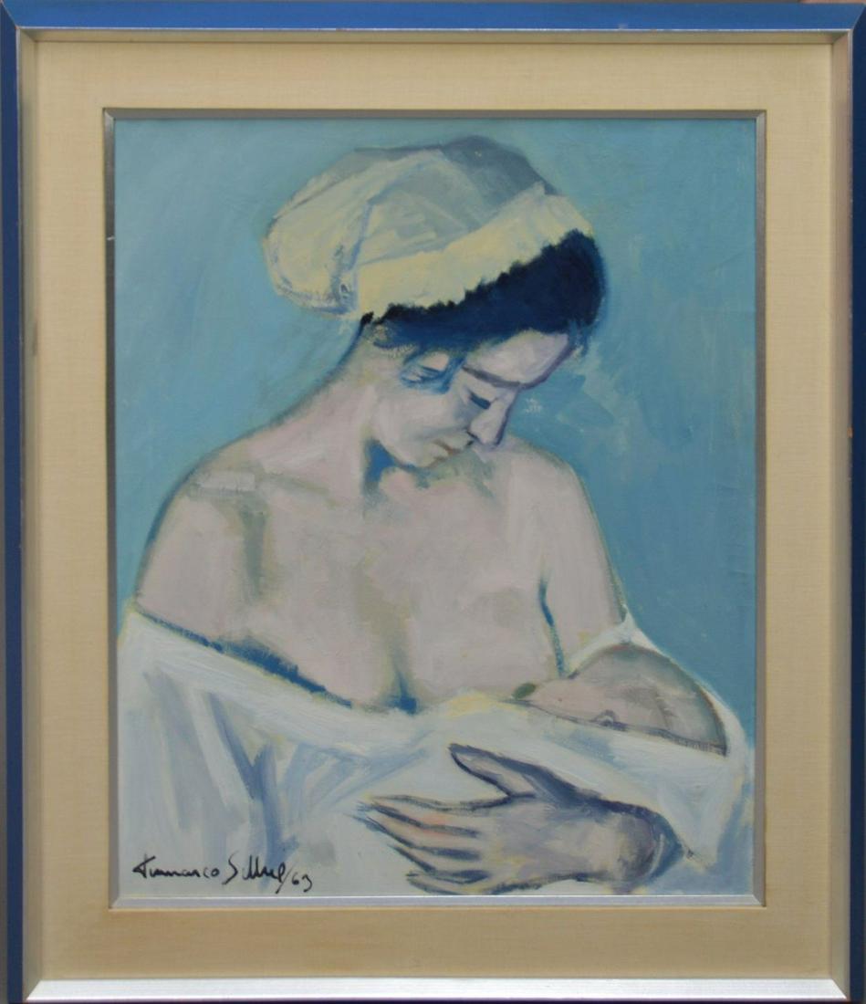 Francisco Sillue (Spain 1936) oil on canvas,: Francisco Sillue (Spain 1936) oil on canvas, MATERNITE-1963, mother and child, signed and dated '63. 28 x 23 inches